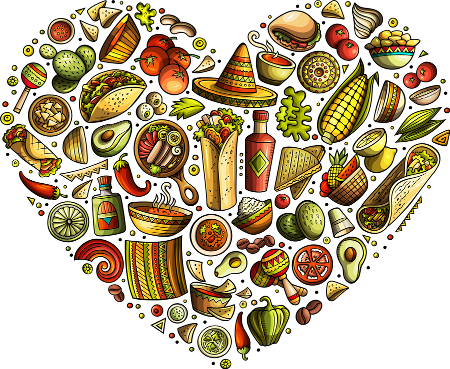 Mexican food cartoon heart illustration